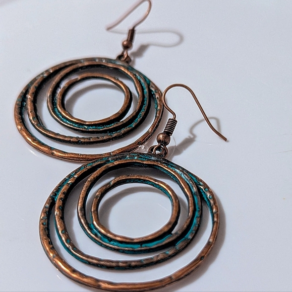 Boho Layered Circle Dangle Drop Earrings Vintage Petinaed Copper/Bronze Handmade - Picture 10 of 14